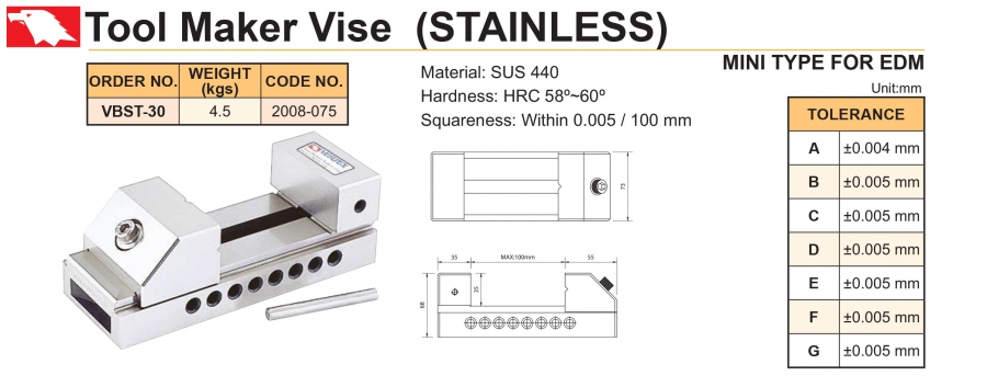 Ê tô máy cắt dây VBST-30 Vertex (Thép không gỉ)