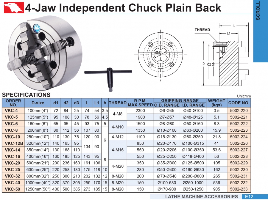 Mâm cặp máy tiện VKC-4, VKC-5, VKC-6, VKC-8, VKC-10 Vertex