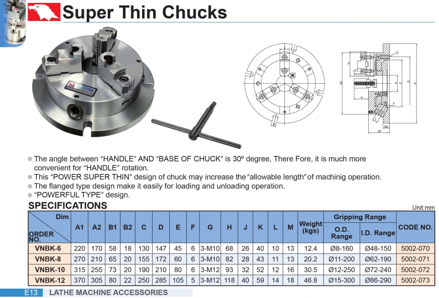 Mâm cặp siêu mỏng VNBK-6, VNBK-8, VNBK-10, VNBK-12 Vertex
