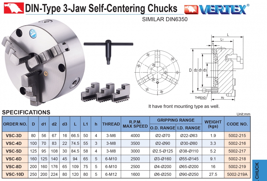 Mâm cặp máy tiện VSC-6D, VSC-8D, VSC-10D Vertex