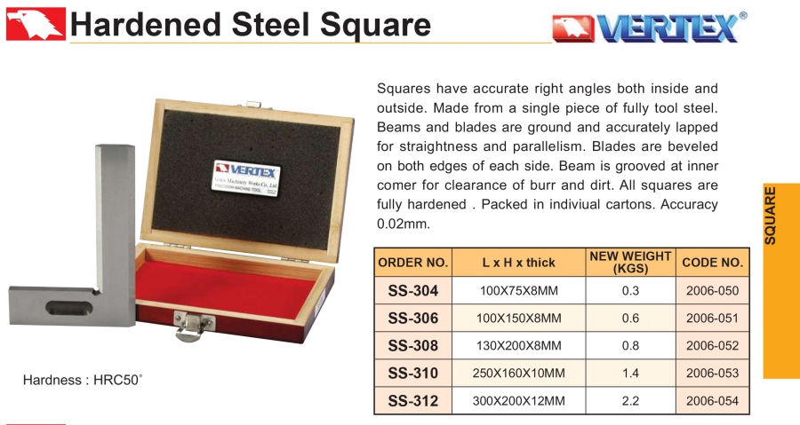 Thước vuông góc SS-304, SS-306, SS-308, SS-310, SS-312 Vertex
