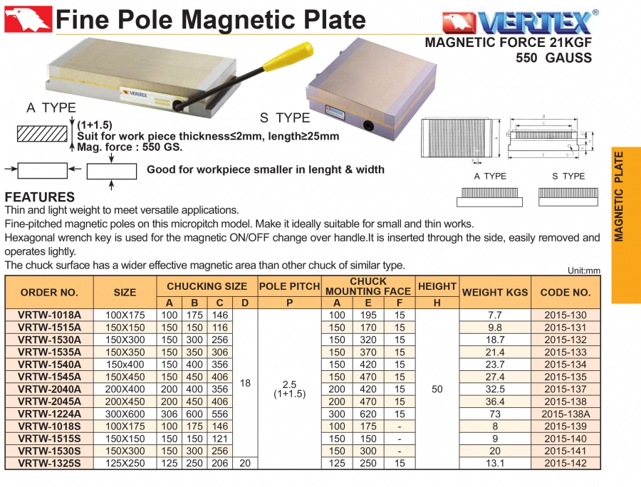 Bàn từ máy mài VRTW-1018A, VRTW-1515A, VRTW-1530A Vertex