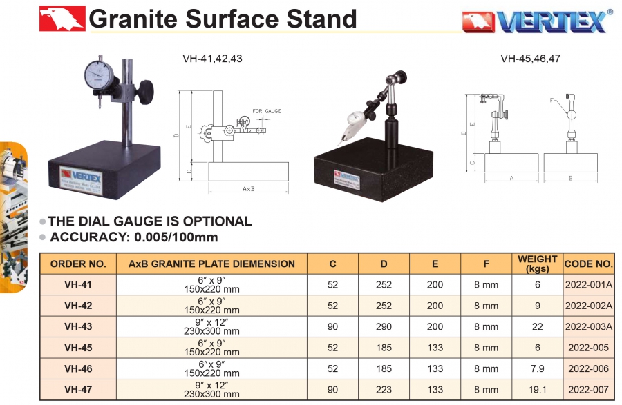 Đế gá đồng hồ so bằng đá granite VH-41, VH-42, VH-43 Vertex