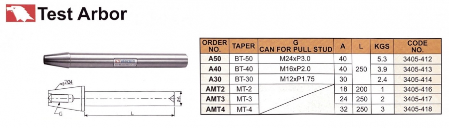 Trục chuẩn kiểm tra đầu BT30, BT40, BT50, MT2, MT3, MT4 Vertex