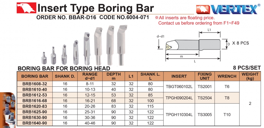 Cán dao doa gắn mảnh D16mm Vertex