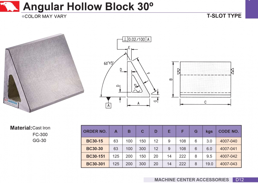 Khối góc nghiêng 30° cho trung tâm gia công BC30 Vertex