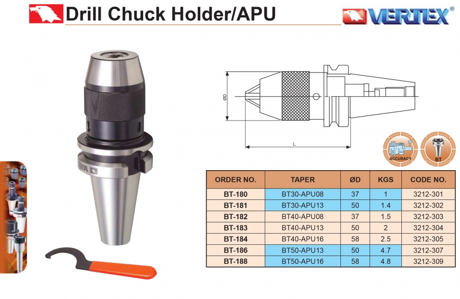 Đầu kẹp mũi khoan BT30, BT40, BT50-APU Vertex