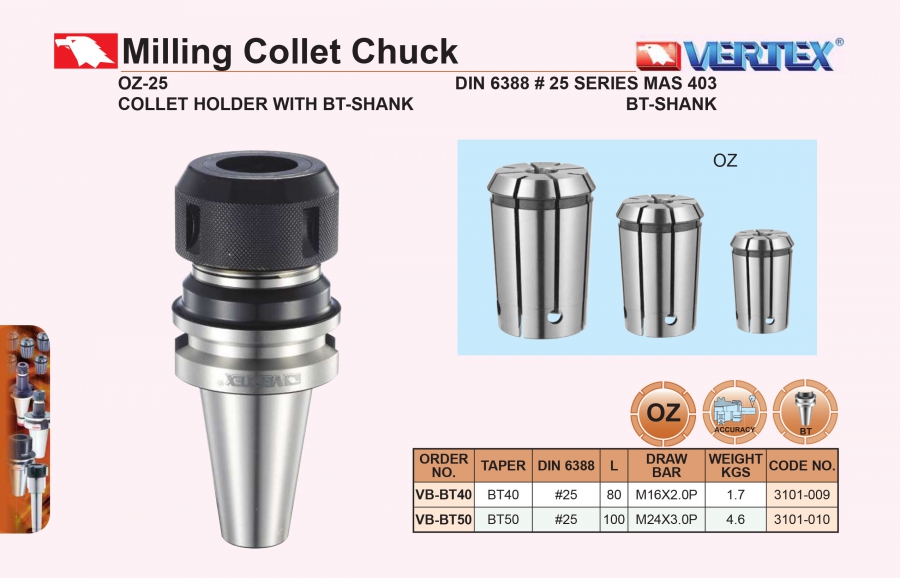 Đầu kẹp máy phay BT40, BT50 collet OZ25 Vertex