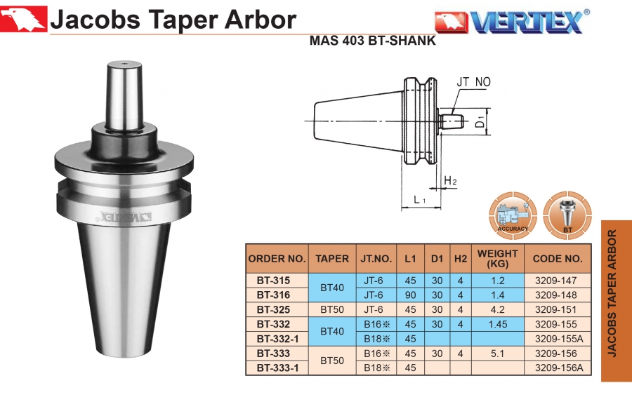 Chuôi côn BT40, BT50 gắn đầu kẹp khoan JT6, B16 Vertex