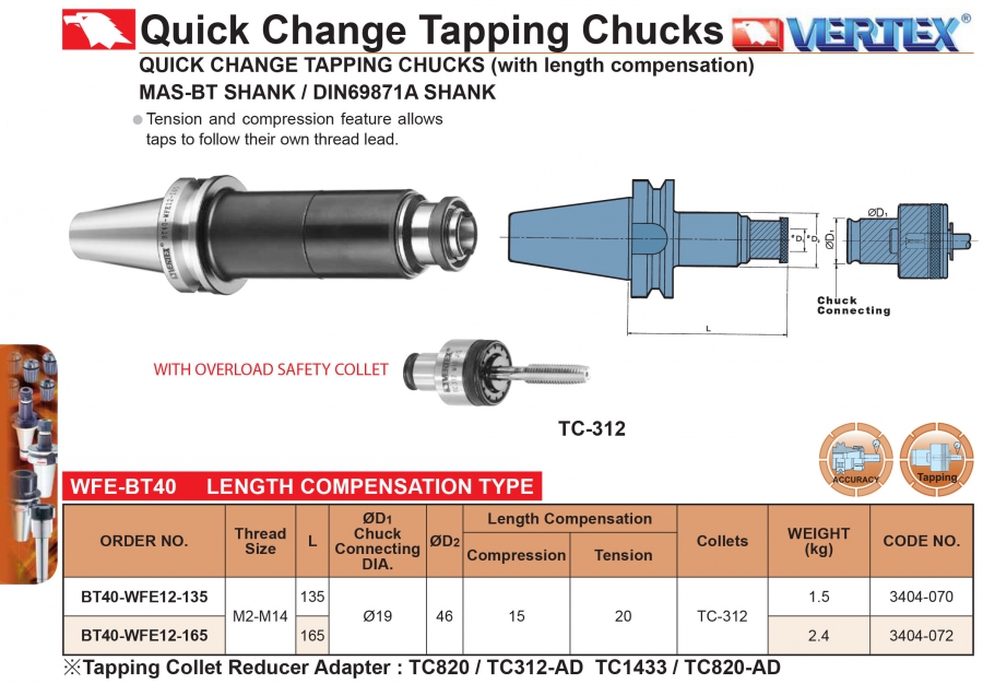 Đầu kẹp taro thay nhanh thân dài chuôi BT40 Vertex