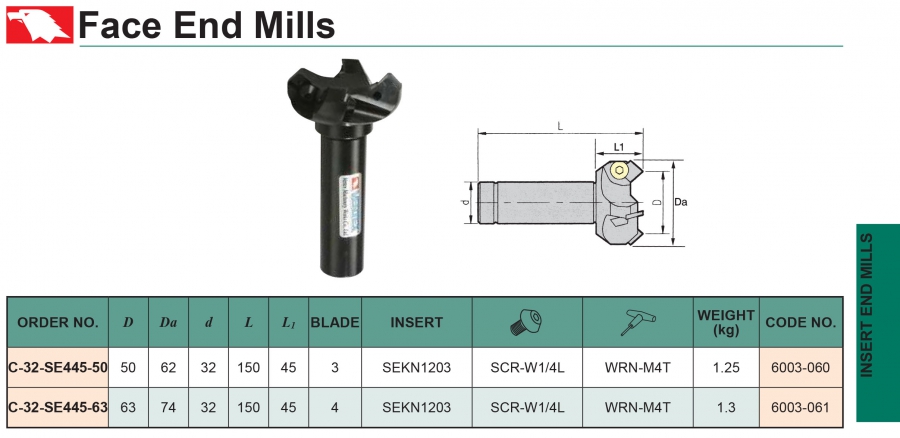 Cán dao phay mặt C-32-SE445-50, C-32-SE445-63 Vertex