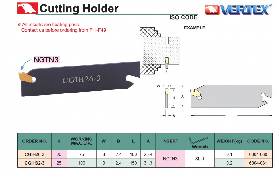Cán dao tiện cắt đứt CGIH26-3, CGIH32-3 Vertex
