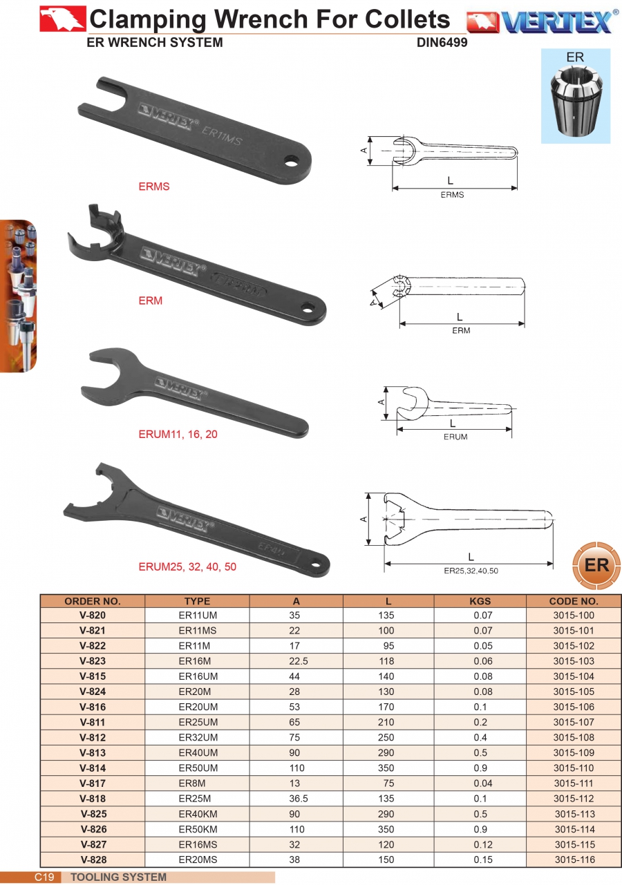 Cờ lê vặn collet ER11, ER16, ER20, ER25, ER32, ER40, ER50 Vertex
