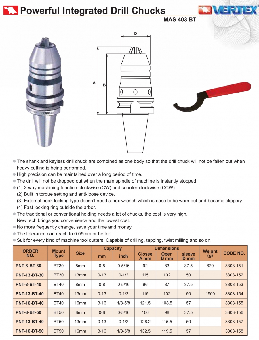 Đầu kẹp mũi khoan lực siết mạnh BT30, BT40, BT50 Vertex