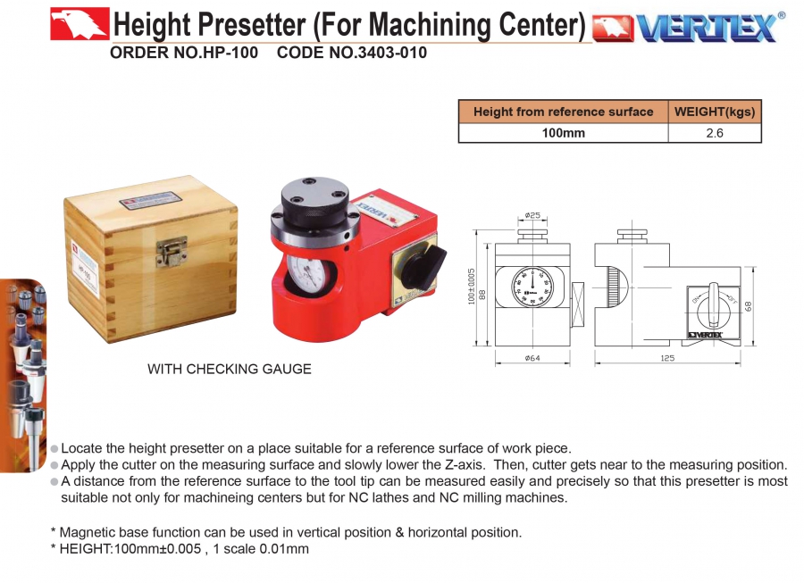 Thiết bị cài đặt chiều cao cho trung tâm gia công HP-100 Vertex