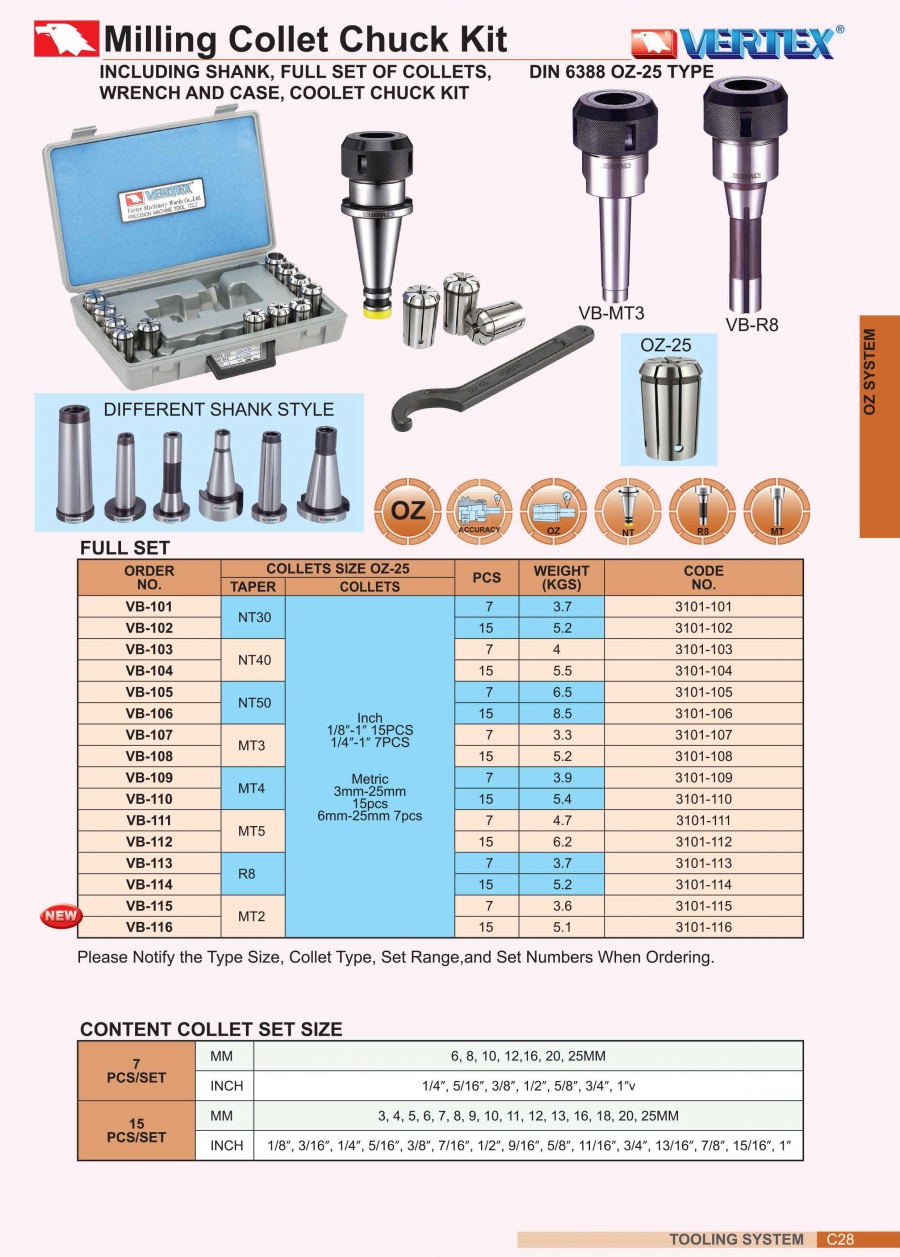 Bộ đầu kẹp mũi phay R8 collet OZ25 Vertex