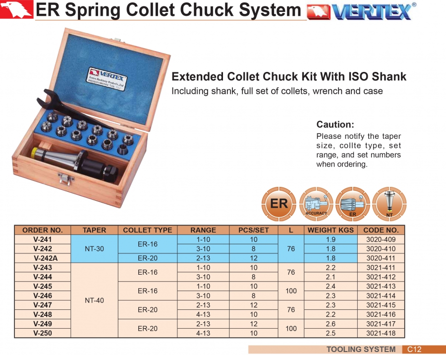 Bộ đầu kẹp mũi phay NT30, NT40 collet ER16, ER20 Vertex