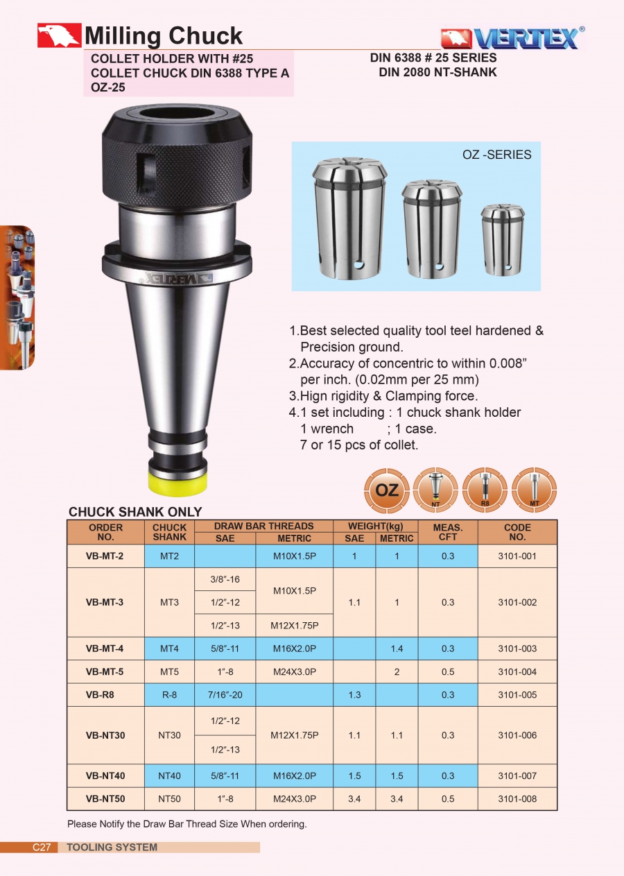 Đầu kẹp mũi phay VB-R8 collet OZ25 Vertex