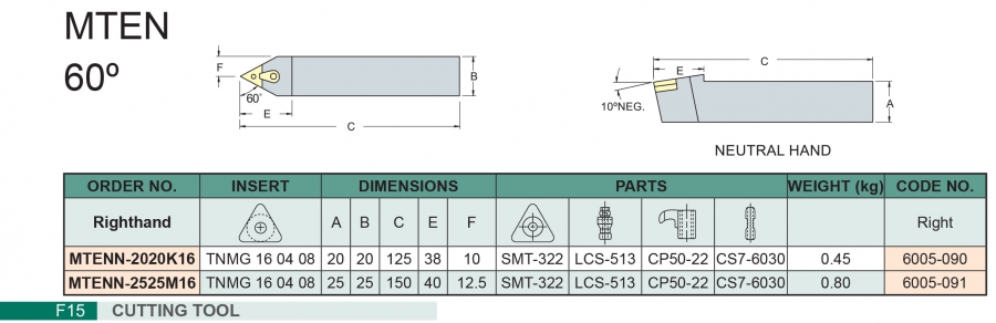 Cán dao tiện ngoài 60° MTENN Vertex
