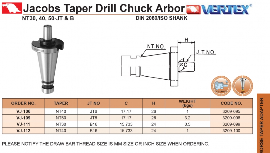 Chuôi côn NT30, NT40, NT50 gắn đầu kẹp khoan JT6, B16 Vertex