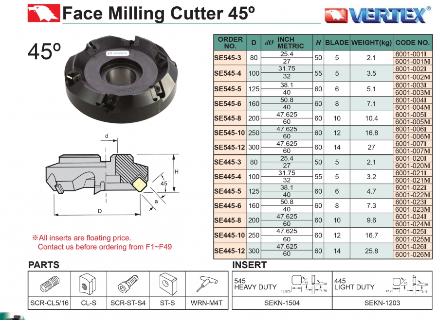 Đài dao phay mặt 45° Vertex