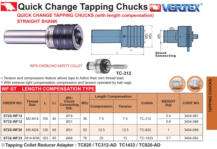 Đầu kẹp taro thay nhanh chuôi thẳng ST20, ST32 Vertex