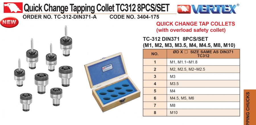 Bộ 8 collet kẹp mũi taro TC-312-DIN371-A Vertex