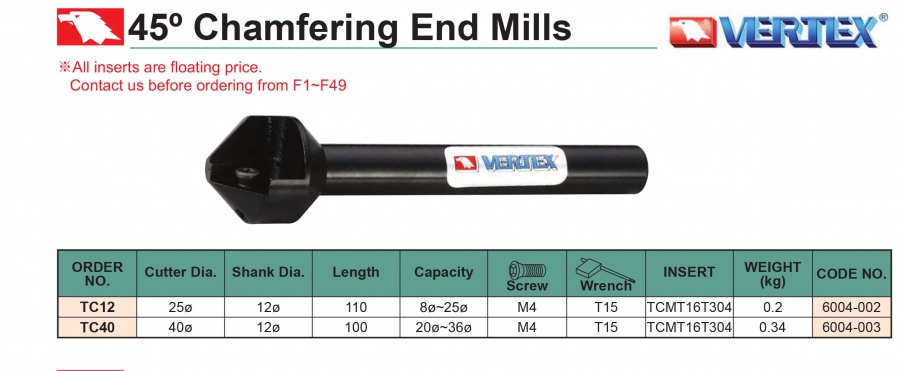 Cán dao phay vát mép 45 độ TC12, TC40 Vertex