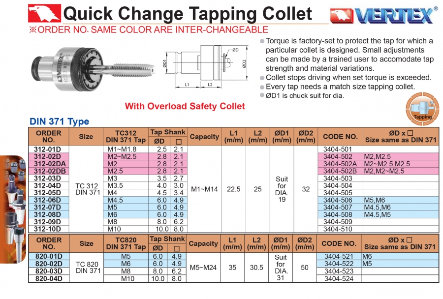 Collet kẹp mũi taro tiêu chuẩn DIN371 TC312 TC820 Vertex
