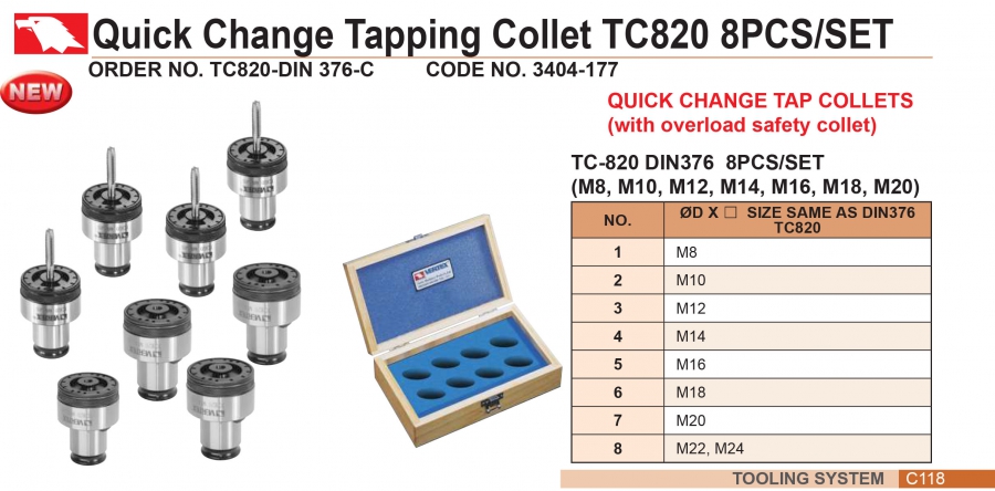 Bộ 8 collet kẹp mũi taro TC820-DIN 376-C Vertex