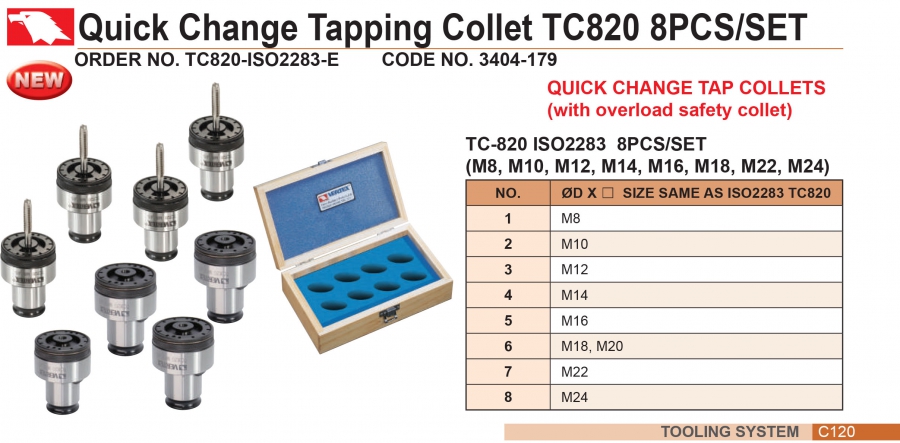 Bộ 8 collet kẹp mũi taro TC820-ISO2283-E Vertex