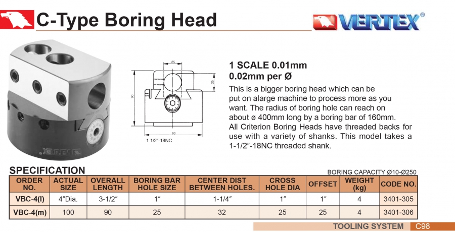 Đầu dao doa VBC-4 (Ø10-250mm) Vertex