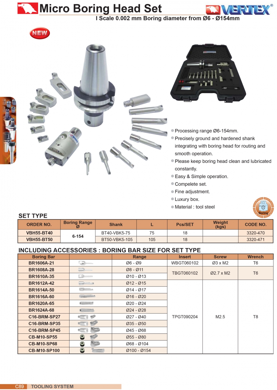 Bộ đầu doa siêu nhỏ VBH55-BT40, VBH55-BT50 (Ø6-154mm) Vertex