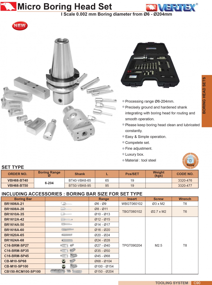 Bộ đầu doa siêu nhỏ VBH68-BT40, VBH68-BT50 (Ø6-204mm) Vertex