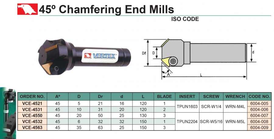 Cán dao phay vát mép 45 độ VCE Vertex