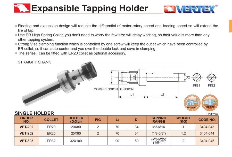 Đầu kẹp taro chuôi thẳng VET-202, VET-252, VET-303 Vertex
