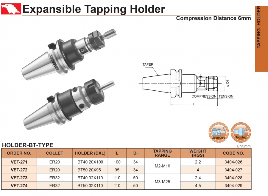 Đầu kẹp mũi taro chuôi  BT40, BT50 collet ER Vertex