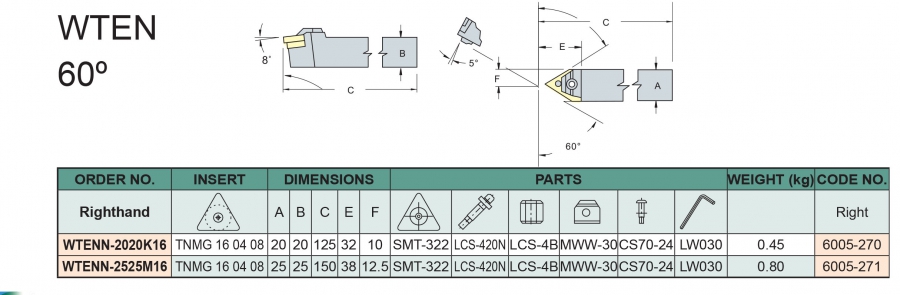 Cán dao tiện ngoài 60° WTENN Vertex
