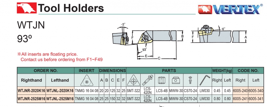 Cán dao tiện ngoài 93° WTJNR/L Vertex