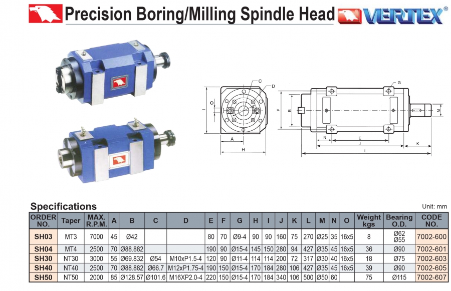 Đầu trục chính máy phay côn MT3, MT4, NT30, NT40, NT50 Vertex