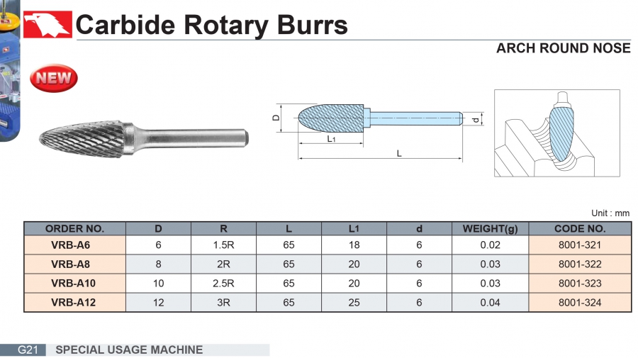 Mũi mài hợp kim VRB-A6, VRB-A8, VRB-A10, VRB-A12 Vertex