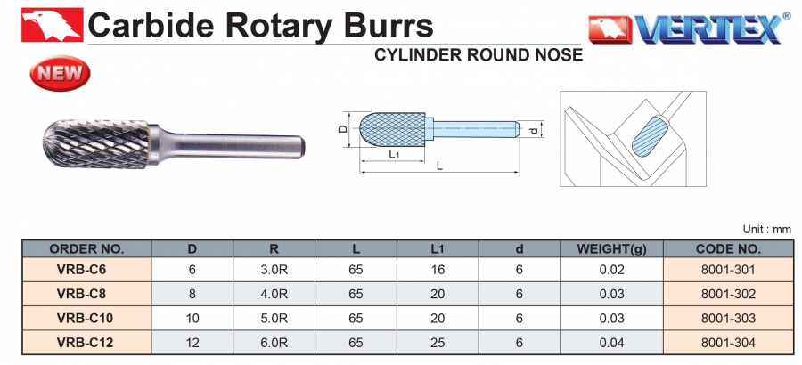 Mũi mài hợp kim VRB-C6, VRB-C8, VRB-C10, VRB-C12 Vertex
