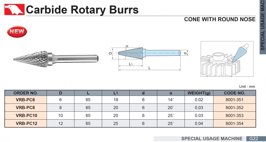 Mũi mài hợp kim VRB-PC6, VRB-PC8, VRB-PC10, VRB-PC12 Vertex