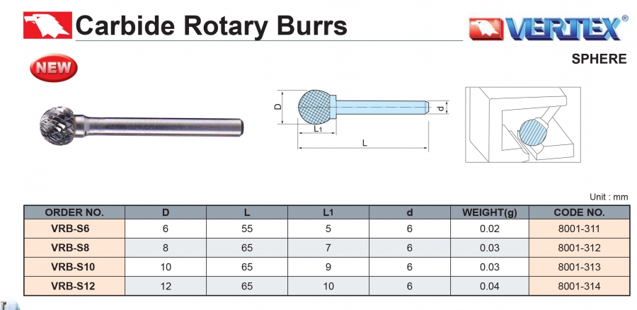 Mũi mài hợp kim VRB-S6, VRB-S8, VRB-S10, VRB-S12 Vertex