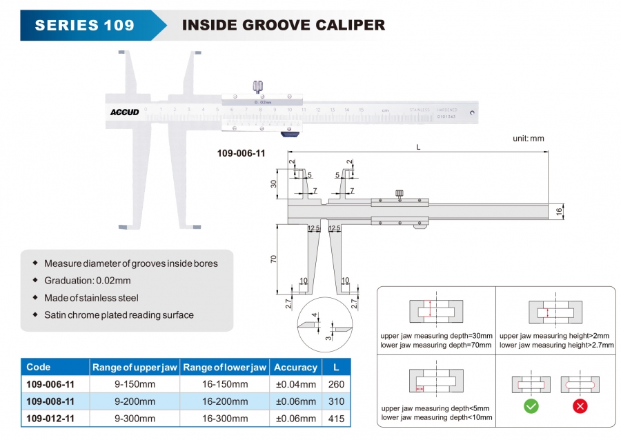 Thước cặp cơ khí đo rãnh trong series 109 Accud