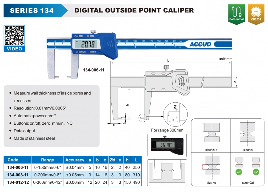 Thước cặp điện tử đo rãnh tròn ngoài 134-006-11 Accud