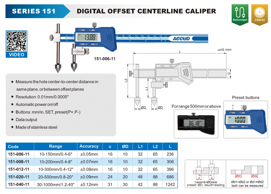 Thước cặp điện tử đo khoảng cách tâm lỗ series 151 Accud