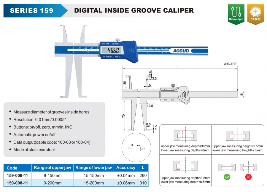 Thước cặp điện tử đo rãnh trong series 159 Accud