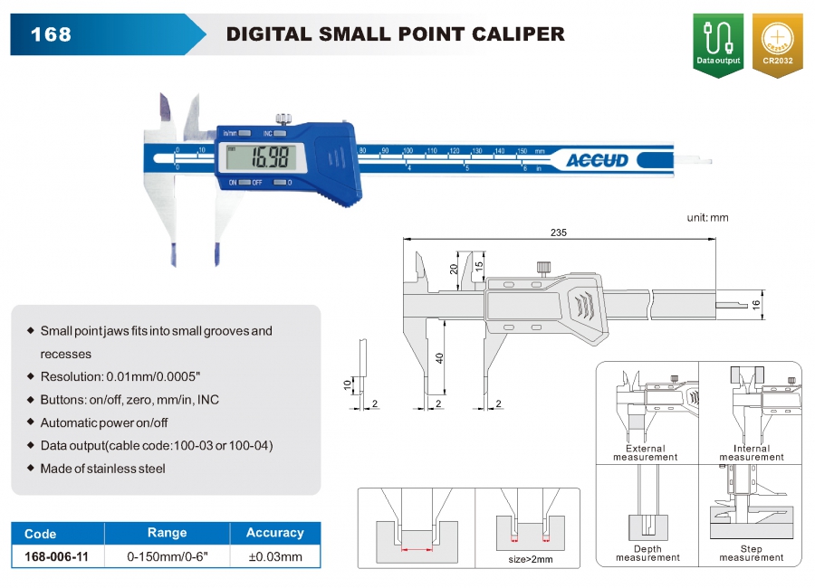 Thước cặp điện tử đầu nhỏ 168-006-11 Accud