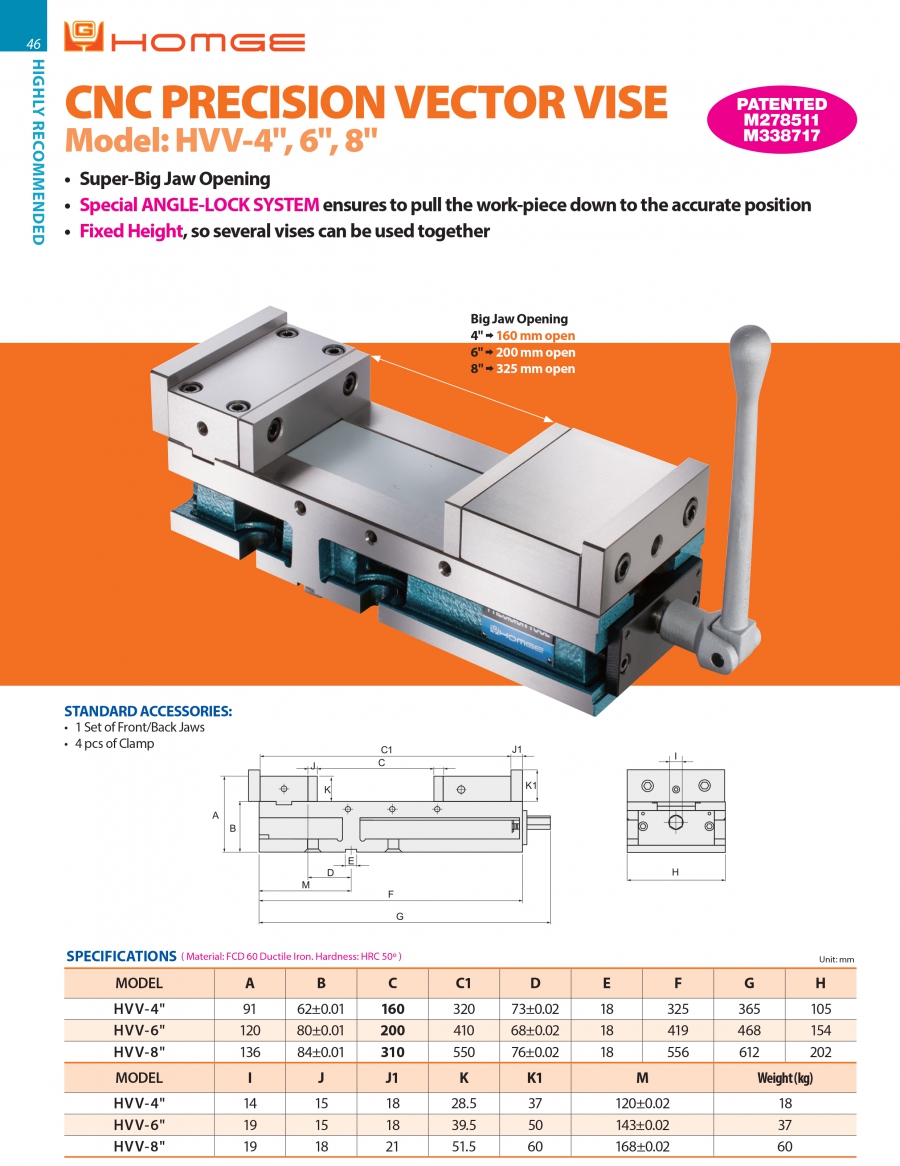 Ê tô CNC chính xác HVV-4”, HVV-6”, HVV-8” Homge